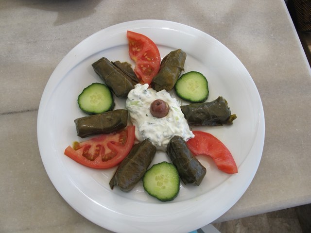 Stuffed grapevine leaves (dolmades) arranged on a plate